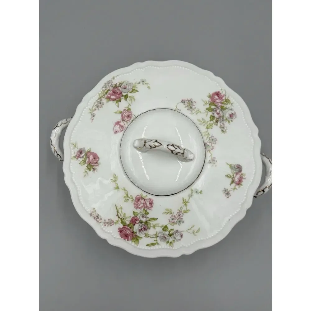 Royal Austria Covered Soup Tureen Pink Floral Scalloped Gold Colored Trim